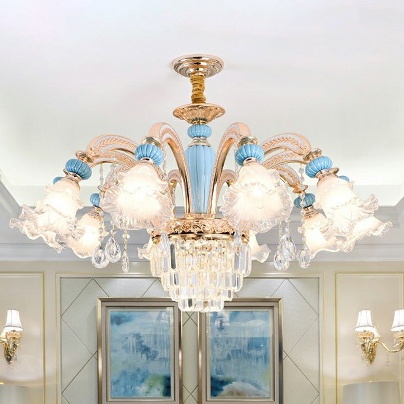 Frosted White Glass Floral Chandelier Antiqued Bedroom Hanging Ceiling Light in Blue Clearhalo 'Ceiling Lights' 'Chandeliers' Lighting' 2364485