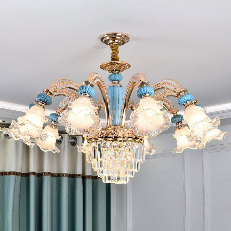 Frosted White Glass Floral Chandelier Antiqued Bedroom Hanging Ceiling Light in Blue 10 Blue without Crystal Clearhalo 'Ceiling Lights' 'Chandeliers' Lighting' 2364486