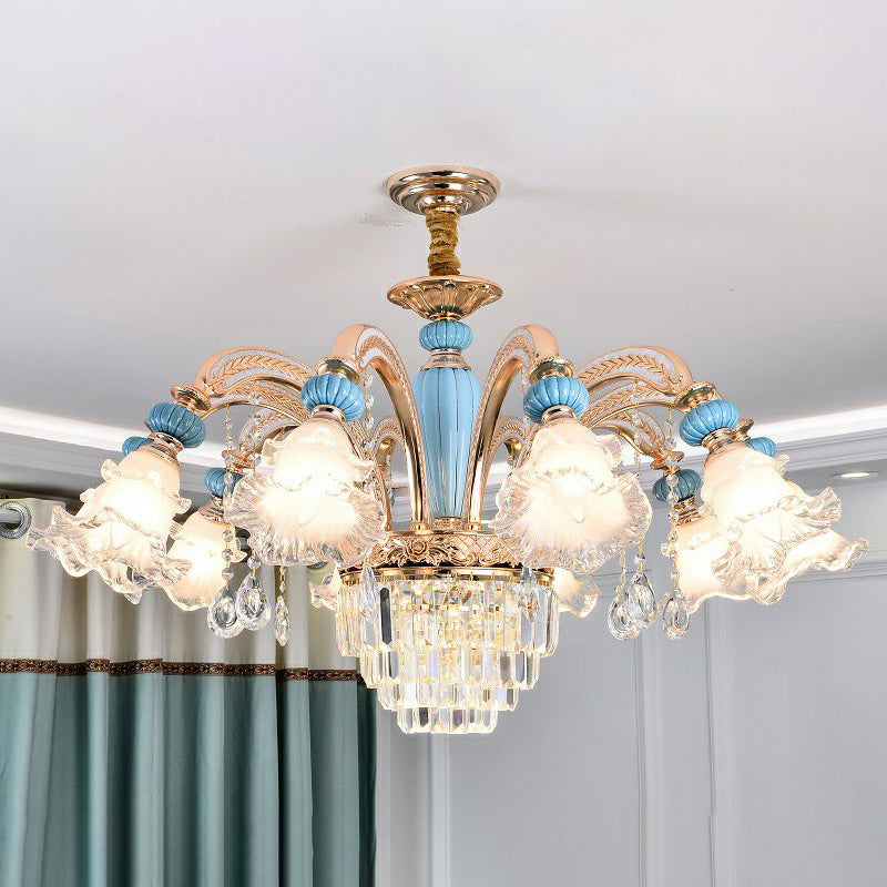 Frosted White Glass Floral Chandelier Antiqued Bedroom Hanging Ceiling Light in Blue 10 Blue with Crystal Clearhalo 'Ceiling Lights' 'Chandeliers' Lighting' 2364487