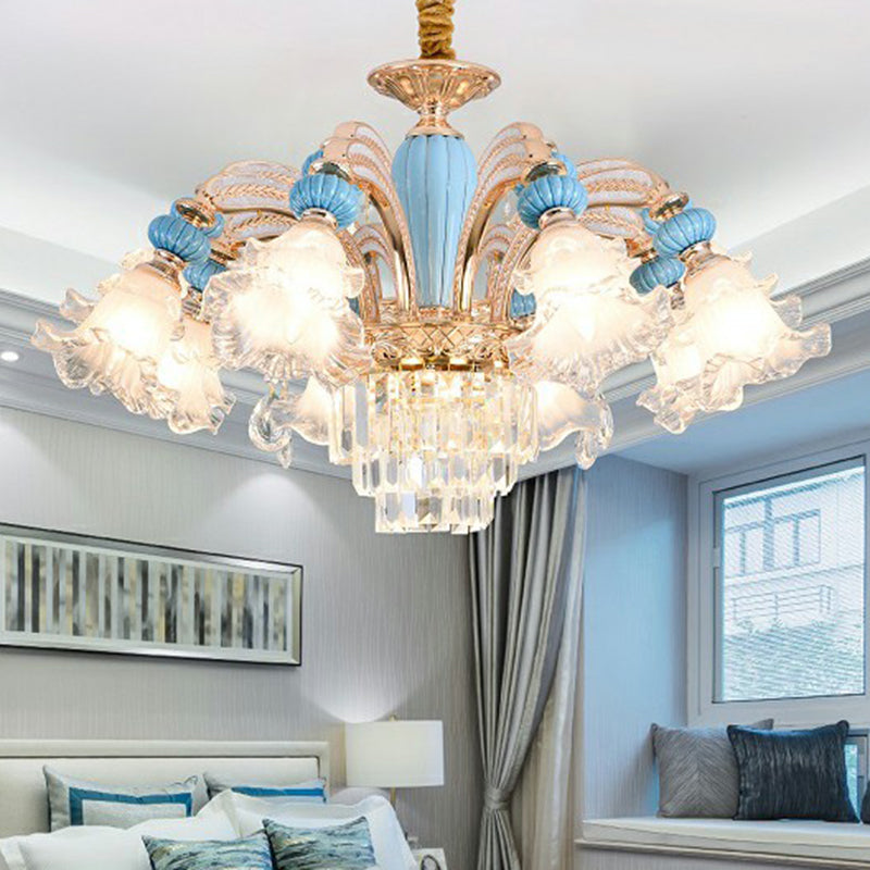 Frosted White Glass Floral Chandelier Antiqued Bedroom Hanging Ceiling Light in Blue Clearhalo 'Ceiling Lights' 'Chandeliers' Lighting' 2364488