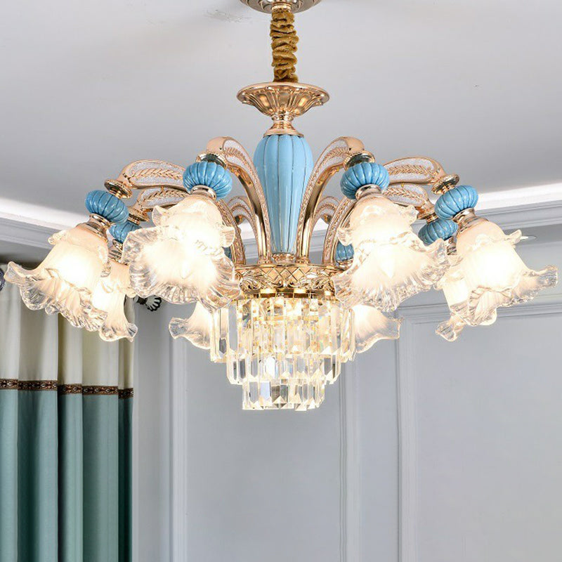 Frosted White Glass Floral Chandelier Antiqued Bedroom Hanging Ceiling Light in Blue 8 Blue without Crystal Clearhalo 'Ceiling Lights' 'Chandeliers' Lighting' 2364489