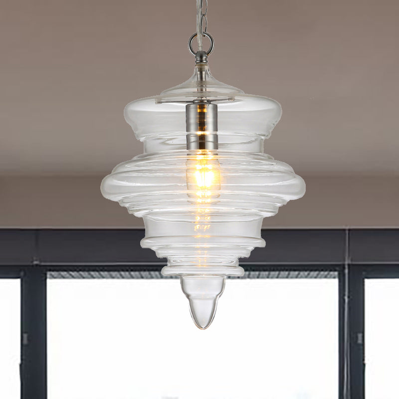 Contemporary Spool/Bell Pendant Light Clear/Blue Ruffle Glass 1 Light Bedroom Hanging Ceiling Light Clearhalo 'Ceiling Lights' 'Glass shade' 'Glass' 'Modern Pendants' 'Modern' 'Pendant Lights' 'Pendants' Lighting' 236449