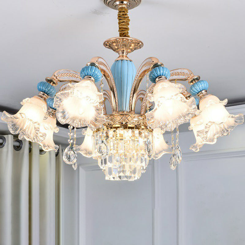 Frosted White Glass Floral Chandelier Antiqued Bedroom Hanging Ceiling Light in Blue 8 Blue with Crystal Clearhalo 'Ceiling Lights' 'Chandeliers' Lighting' 2364491