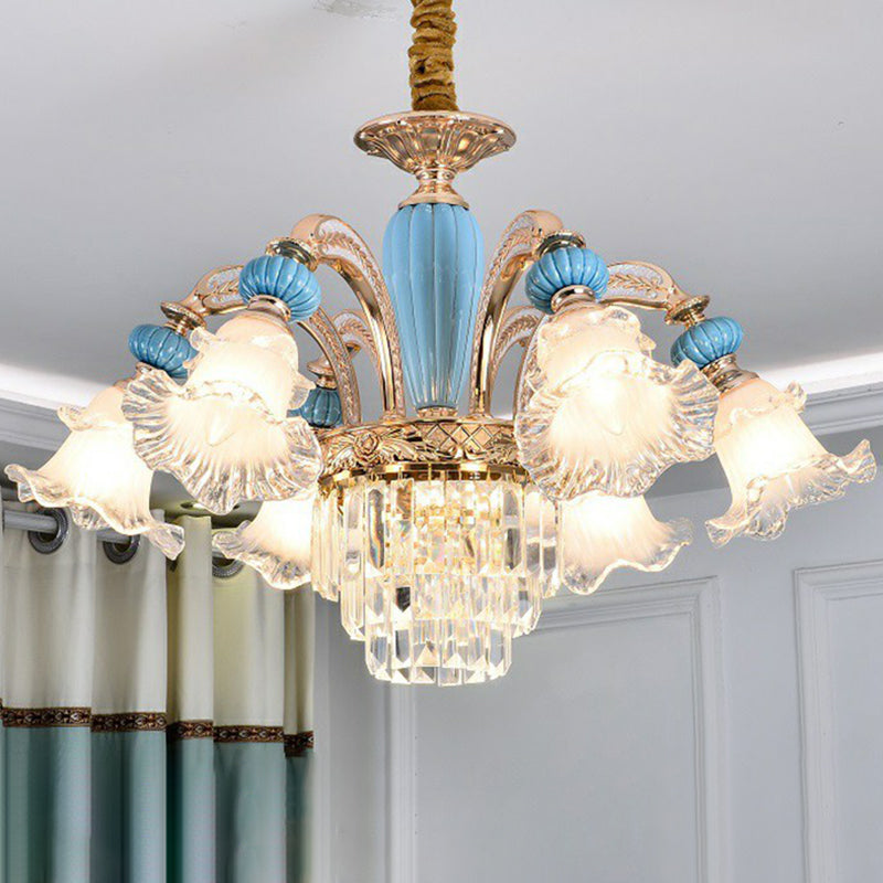 Frosted White Glass Floral Chandelier Antiqued Bedroom Hanging Ceiling Light in Blue 6 Blue without Crystal Clearhalo 'Ceiling Lights' 'Chandeliers' Lighting' 2364493