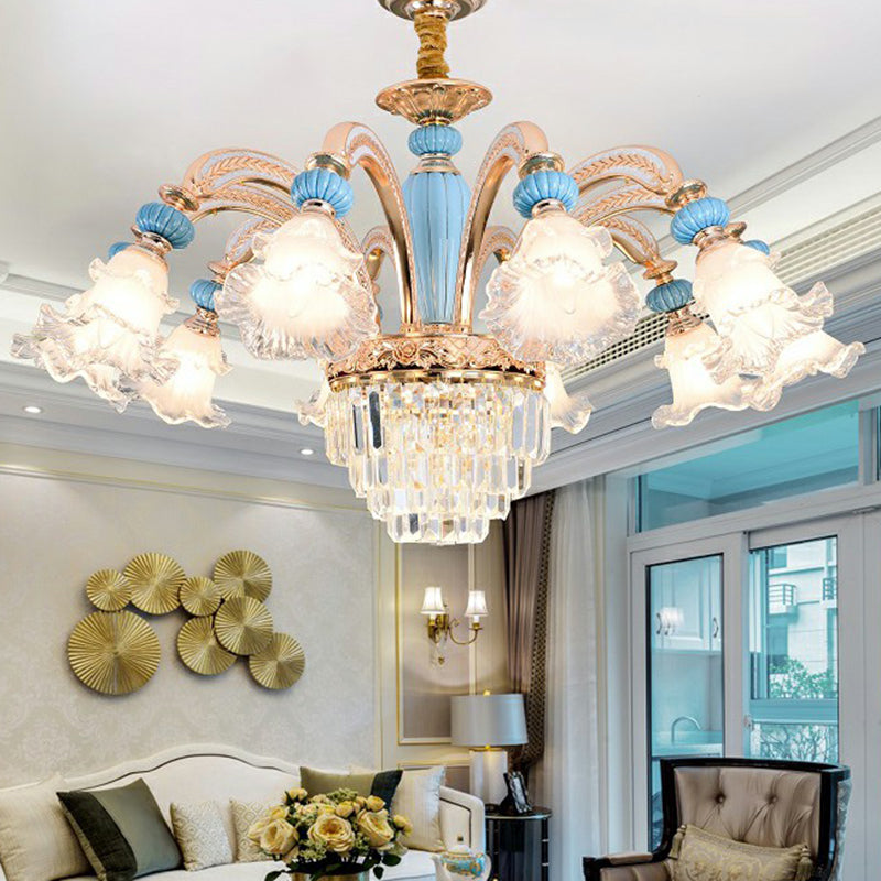 Frosted White Glass Floral Chandelier Antiqued Bedroom Hanging Ceiling Light in Blue Clearhalo 'Ceiling Lights' 'Chandeliers' Lighting' 2364494