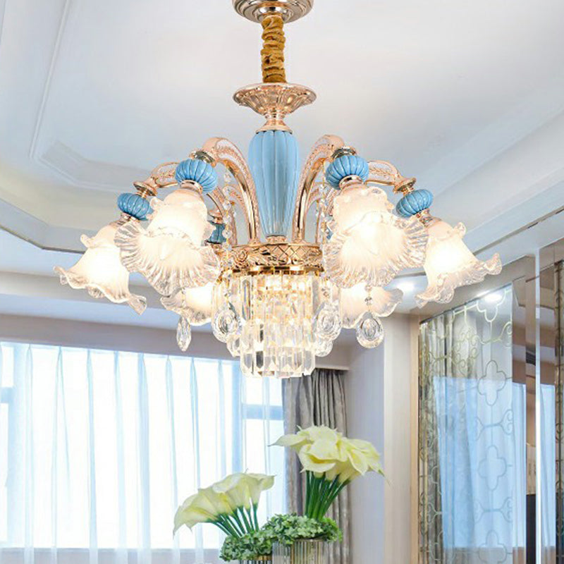 Frosted White Glass Floral Chandelier Antiqued Bedroom Hanging Ceiling Light in Blue 6 Blue with Crystal Clearhalo 'Ceiling Lights' 'Chandeliers' Lighting' 2364495