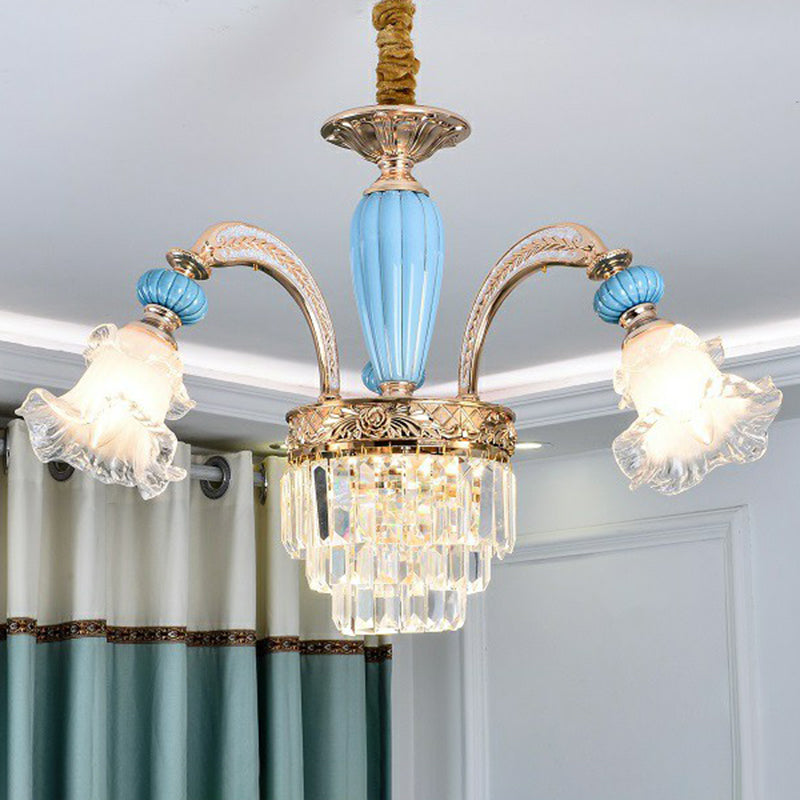 Frosted White Glass Floral Chandelier Antiqued Bedroom Hanging Ceiling Light in Blue 3 Blue without Crystal Clearhalo 'Ceiling Lights' 'Chandeliers' Lighting' 2364496