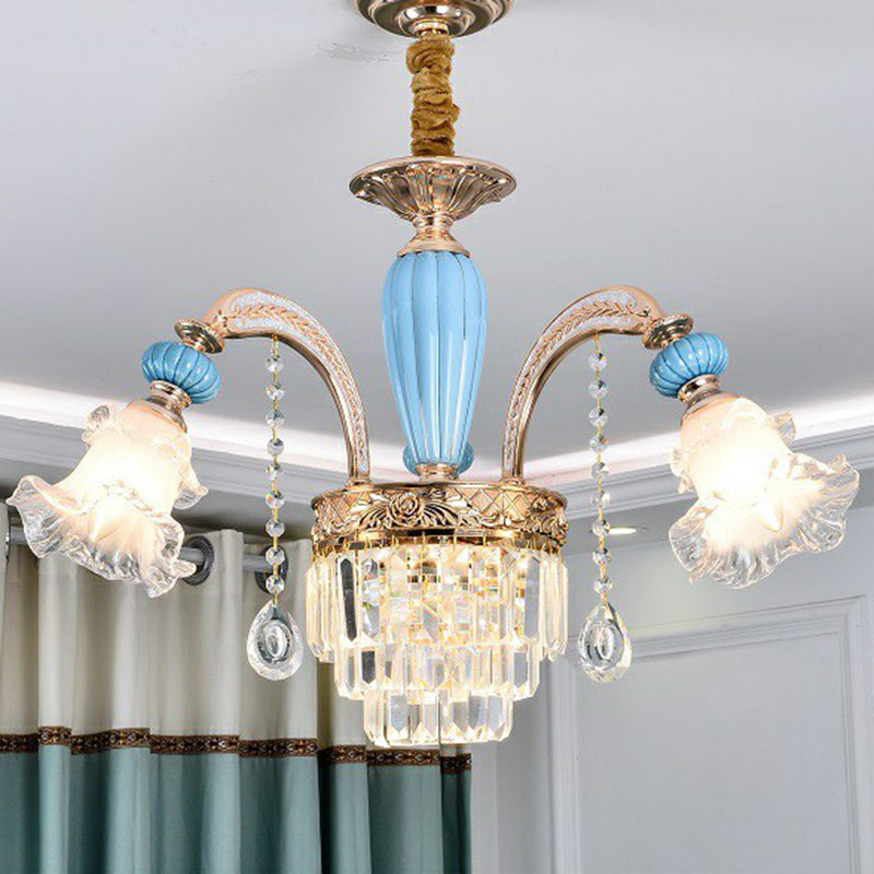 Frosted White Glass Floral Chandelier Antiqued Bedroom Hanging Ceiling Light in Blue 3 Blue with Crystal Clearhalo 'Ceiling Lights' 'Chandeliers' Lighting' 2364497