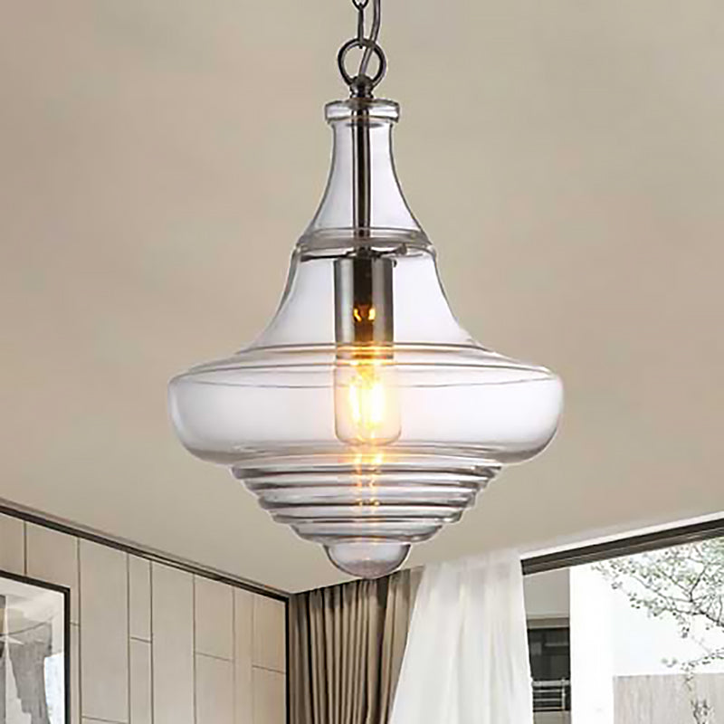 Contemporary Spool/Bell Pendant Light Clear/Blue Ruffle Glass 1 Light Bedroom Hanging Ceiling Light Clear C Clearhalo 'Ceiling Lights' 'Glass shade' 'Glass' 'Modern Pendants' 'Modern' 'Pendant Lights' 'Pendants' Lighting' 236450