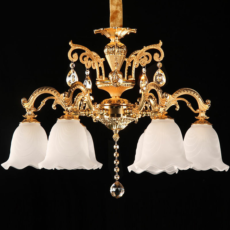 Gold Flower Down Lighting Traditional Cream Glass 6 Heads Dining Room Chandelier with Crystal Teardrops Clearhalo 'Ceiling Lights' 'Chandeliers' Lighting' 2364500