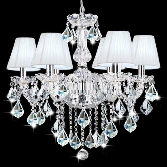 Pleated Fabric White Chandelier Empire Shade Transitional Pendant Light with Crystal Pendalogues 6 Chrome Clearhalo 'Ceiling Lights' 'Chandeliers' Lighting' 2364503