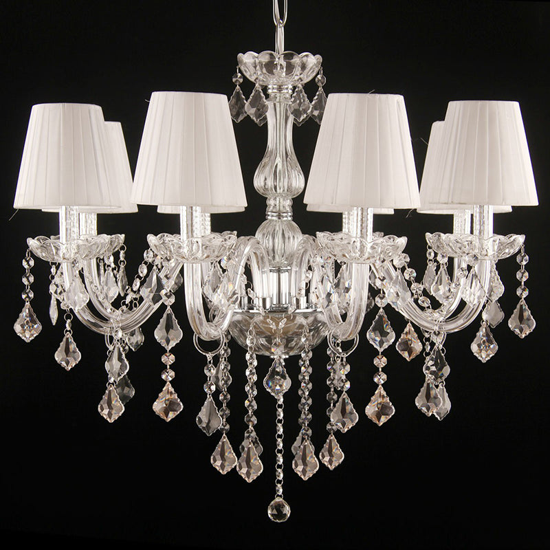 Pleated Fabric White Chandelier Empire Shade Transitional Pendant Light with Crystal Pendalogues 8 Chrome Clearhalo 'Ceiling Lights' 'Chandeliers' Lighting' 2364504