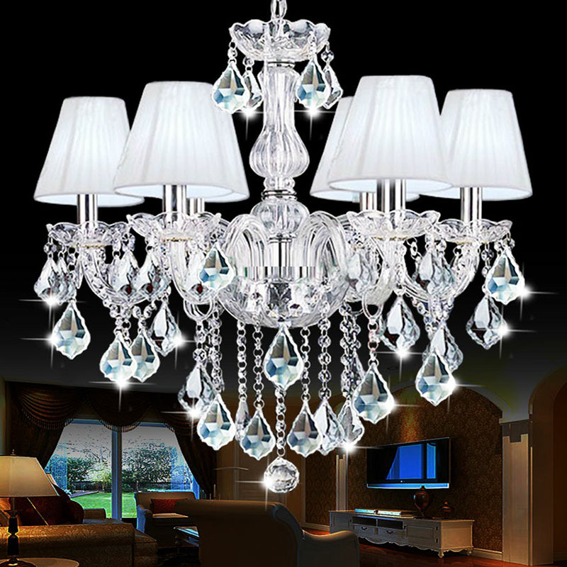 Pleated Fabric White Chandelier Empire Shade Transitional Pendant Light with Crystal Pendalogues Clearhalo 'Ceiling Lights' 'Chandeliers' Lighting' 2364506