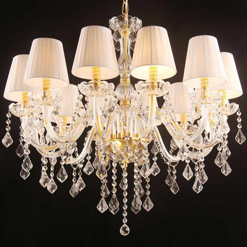 Pleated Fabric White Chandelier Empire Shade Transitional Pendant Light with Crystal Pendalogues 10 Gold Clearhalo 'Ceiling Lights' 'Chandeliers' Lighting' 2364509