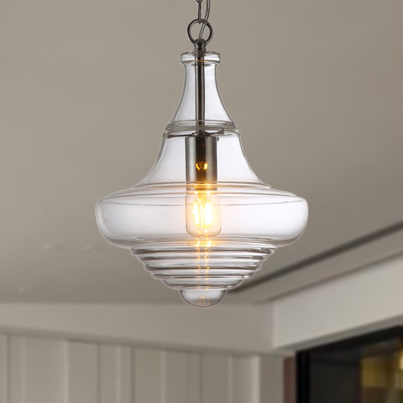 Contemporary Spool/Bell Pendant Light Clear/Blue Ruffle Glass 1 Light Bedroom Hanging Ceiling Light Clearhalo 'Ceiling Lights' 'Glass shade' 'Glass' 'Modern Pendants' 'Modern' 'Pendant Lights' 'Pendants' Lighting' 236451