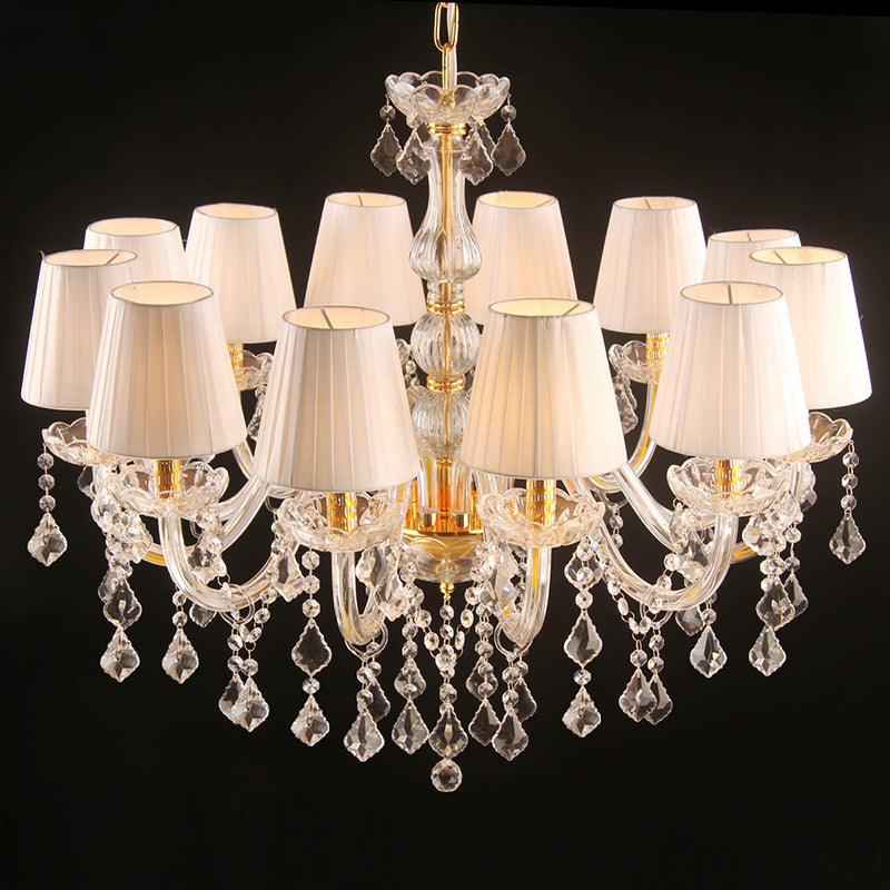 Pleated Fabric White Chandelier Empire Shade Transitional Pendant Light with Crystal Pendalogues 12 Gold Clearhalo 'Ceiling Lights' 'Chandeliers' Lighting' 2364513