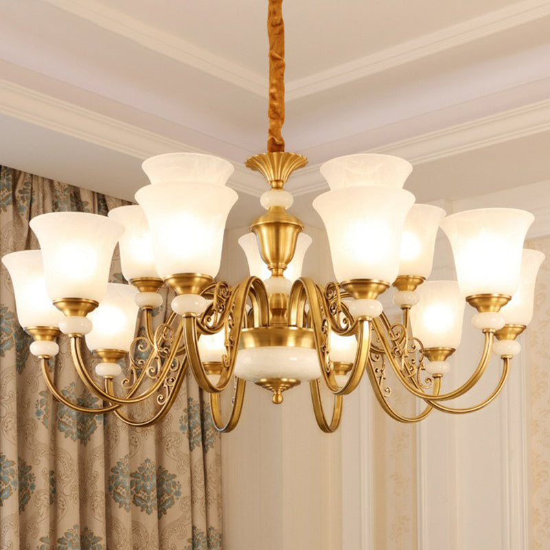 Bell Shaped Restaurant Suspension Lighting Colonial Style Frosted Glass Brass Chandelier Light Fixture 15 Brass Clearhalo 'Ceiling Lights' 'Chandeliers' Lighting' 2364514