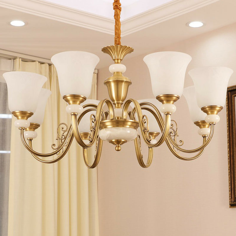 Bell Shaped Restaurant Suspension Lighting Colonial Style Frosted Glass Brass Chandelier Light Fixture Clearhalo 'Ceiling Lights' 'Chandeliers' Lighting' 2364517