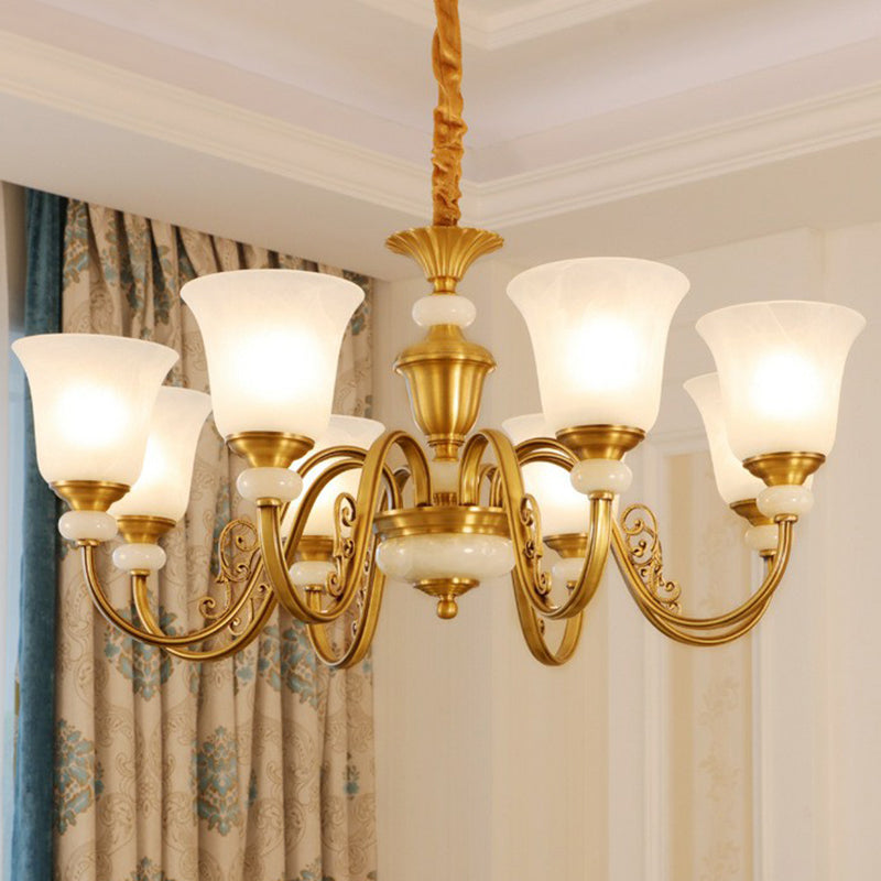 Bell Shaped Restaurant Suspension Lighting Colonial Style Frosted Glass Brass Chandelier Light Fixture Clearhalo 'Ceiling Lights' 'Chandeliers' Lighting' 2364518