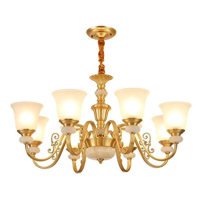 Bell Shaped Restaurant Suspension Lighting Colonial Style Frosted Glass Brass Chandelier Light Fixture Clearhalo 'Ceiling Lights' 'Chandeliers' Lighting' 2364519