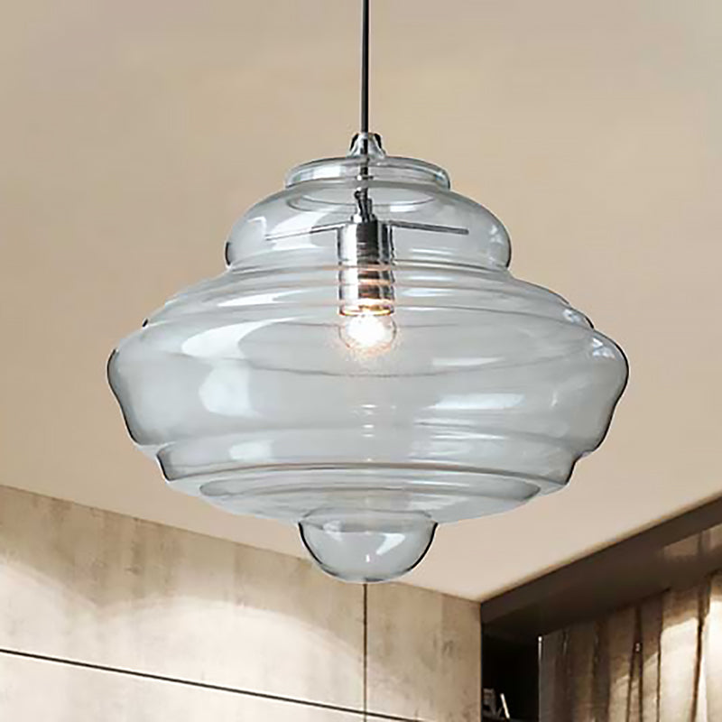 Contemporary Spool/Bell Pendant Light Clear/Blue Ruffle Glass 1 Light Bedroom Hanging Ceiling Light Clear D Clearhalo 'Ceiling Lights' 'Glass shade' 'Glass' 'Modern Pendants' 'Modern' 'Pendant Lights' 'Pendants' Lighting' 236452