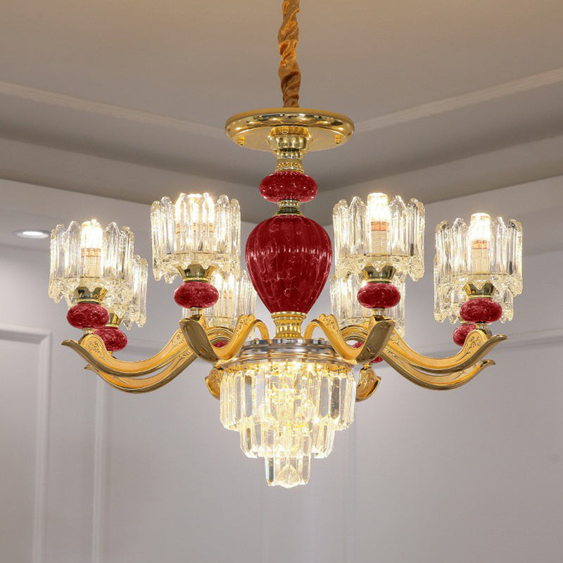 Prismatic Crystal Chandelier Vintage Cylindrical Dining Room Suspended Lighting Fixture 6 Red Clearhalo 'Ceiling Lights' 'Chandeliers' Lighting' 2364524