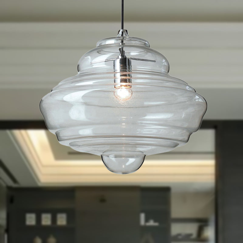 Contemporary Spool/Bell Pendant Light Clear/Blue Ruffle Glass 1 Light Bedroom Hanging Ceiling Light Clearhalo 'Ceiling Lights' 'Glass shade' 'Glass' 'Modern Pendants' 'Modern' 'Pendant Lights' 'Pendants' Lighting' 236453