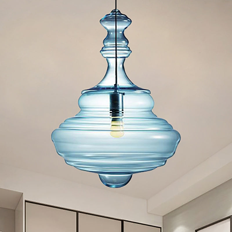 Contemporary Spool/Bell Pendant Light Clear/Blue Ruffle Glass 1 Light Bedroom Hanging Ceiling Light Clearhalo 'Ceiling Lights' 'Glass shade' 'Glass' 'Modern Pendants' 'Modern' 'Pendant Lights' 'Pendants' Lighting' 236454