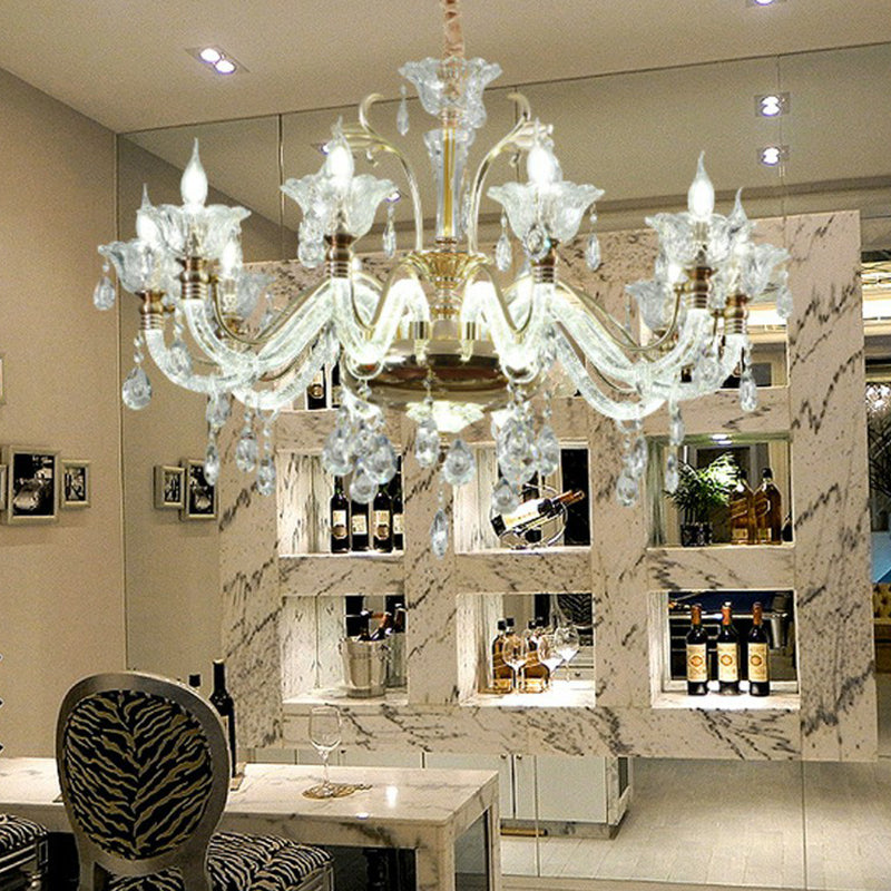 Clear Glass Floral Chandelier Transitional Dining Room Ceiling Light Fixture with K9 Crystals 10 Clear Clearhalo 'Ceiling Lights' 'Chandeliers' 'Glass shade' 'Glass' 'Pendant Lights' Lighting' 2364543