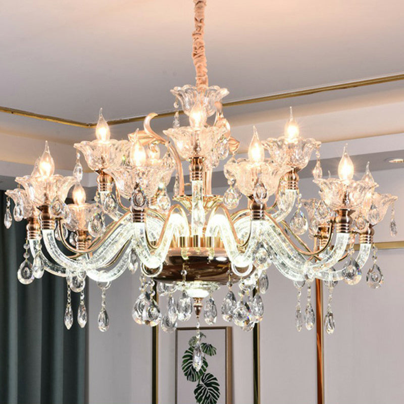 Clear Glass Floral Chandelier Transitional Dining Room Ceiling Light Fixture with K9 Crystals 15 Clear Clearhalo 'Ceiling Lights' 'Chandeliers' 'Glass shade' 'Glass' 'Pendant Lights' Lighting' 2364544