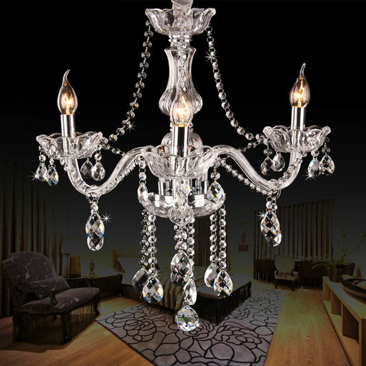 Victorian Style Candle Chandelier 3-Head Clear Glass Hanging Light with Crystal Strand Clearhalo 'Ceiling Lights' 'Chandeliers' 'Glass shade' 'Glass' Lighting' 2364549