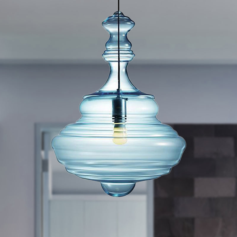 Contemporary Spool/Bell Pendant Light Clear/Blue Ruffle Glass 1 Light Bedroom Hanging Ceiling Light Blue C Clearhalo 'Ceiling Lights' 'Glass shade' 'Glass' 'Modern Pendants' 'Modern' 'Pendant Lights' 'Pendants' Lighting' 236455