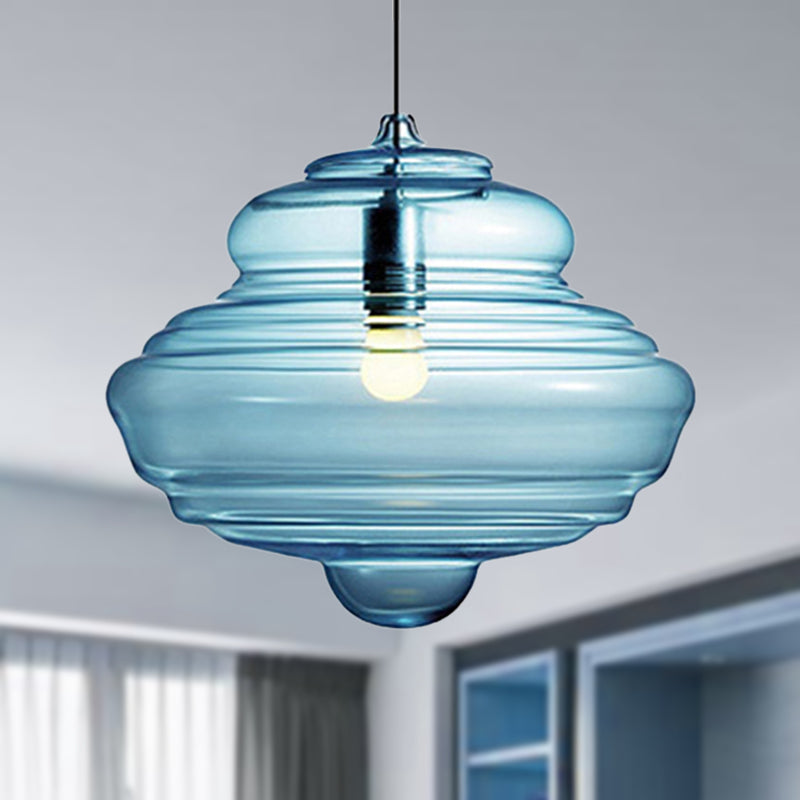 Contemporary Spool/Bell Pendant Light Clear/Blue Ruffle Glass 1 Light Bedroom Hanging Ceiling Light Clearhalo 'Ceiling Lights' 'Glass shade' 'Glass' 'Modern Pendants' 'Modern' 'Pendant Lights' 'Pendants' Lighting' 236456