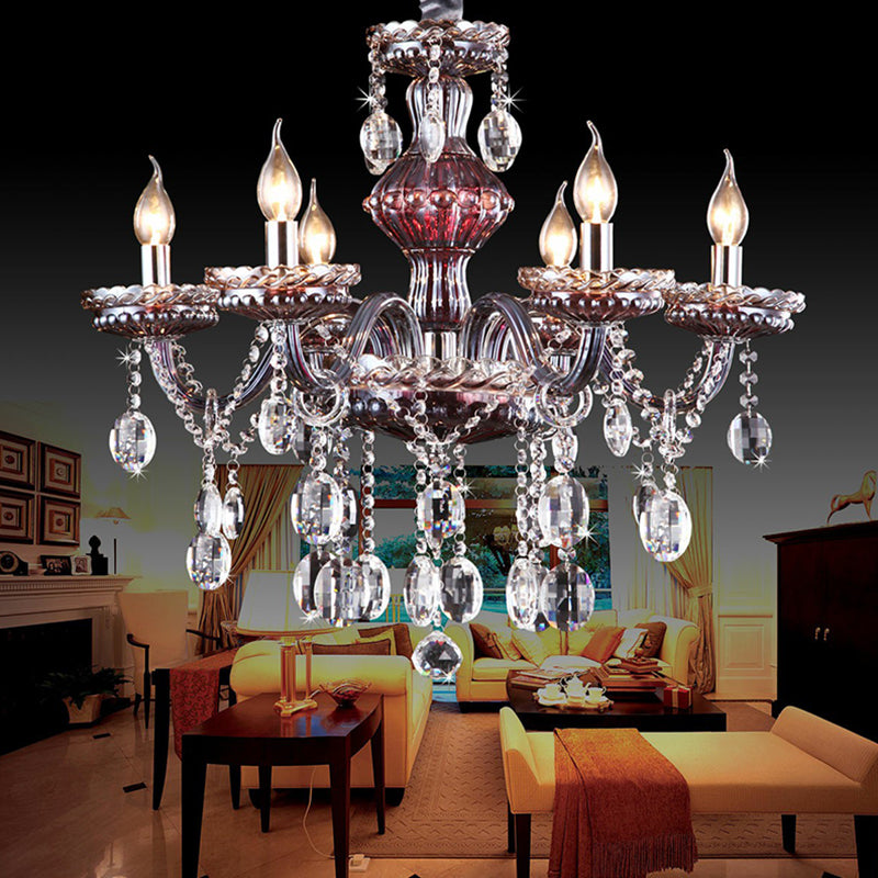 6-Light Candle Chandelier Traditional Clear-Red Crystal Hanging Light Fixture for Living Room Clear Clearhalo 'Ceiling Lights' 'Chandeliers' 'Glass shade' 'Glass' Lighting' 2364562
