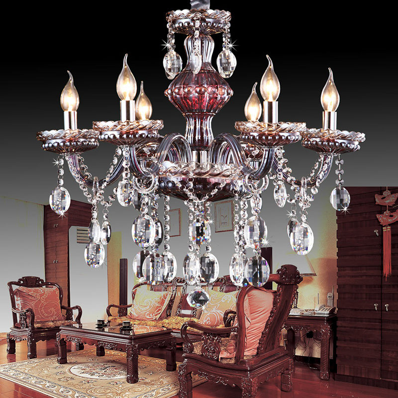 6-Light Candle Chandelier Traditional Clear-Red Crystal Hanging Light Fixture for Living Room Clearhalo 'Ceiling Lights' 'Chandeliers' 'Glass shade' 'Glass' Lighting' 2364563