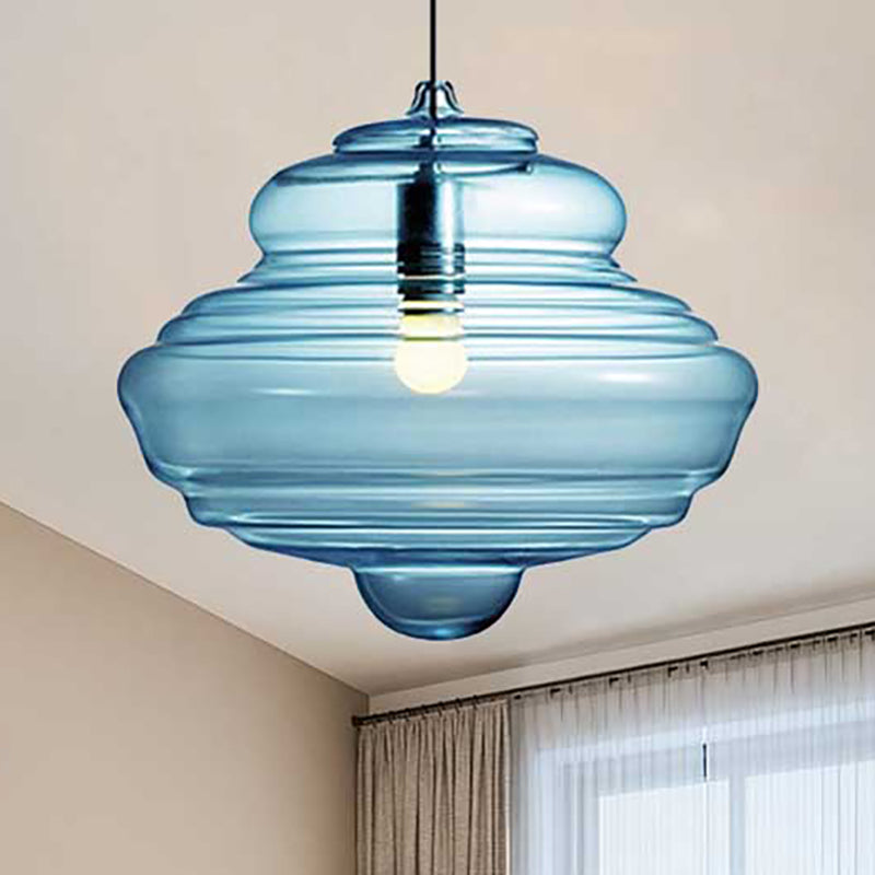 Contemporary Spool/Bell Pendant Light Clear/Blue Ruffle Glass 1 Light Bedroom Hanging Ceiling Light Blue D Clearhalo 'Ceiling Lights' 'Glass shade' 'Glass' 'Modern Pendants' 'Modern' 'Pendant Lights' 'Pendants' Lighting' 236457