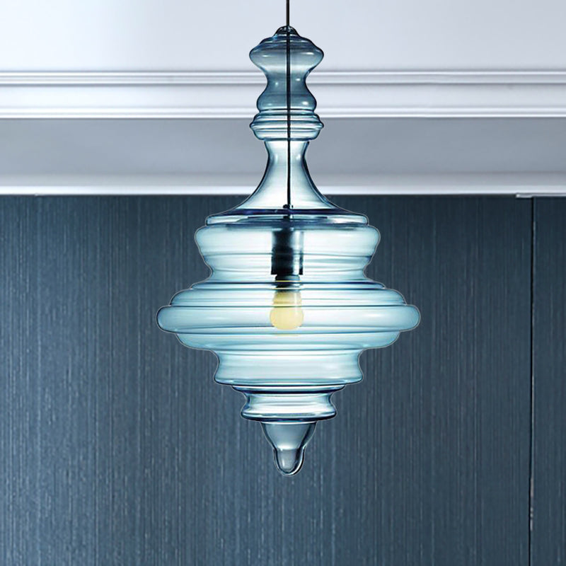 Contemporary Spool/Bell Pendant Light Clear/Blue Ruffle Glass 1 Light Bedroom Hanging Ceiling Light Blue B Clearhalo 'Ceiling Lights' 'Glass shade' 'Glass' 'Modern Pendants' 'Modern' 'Pendant Lights' 'Pendants' Lighting' 236458