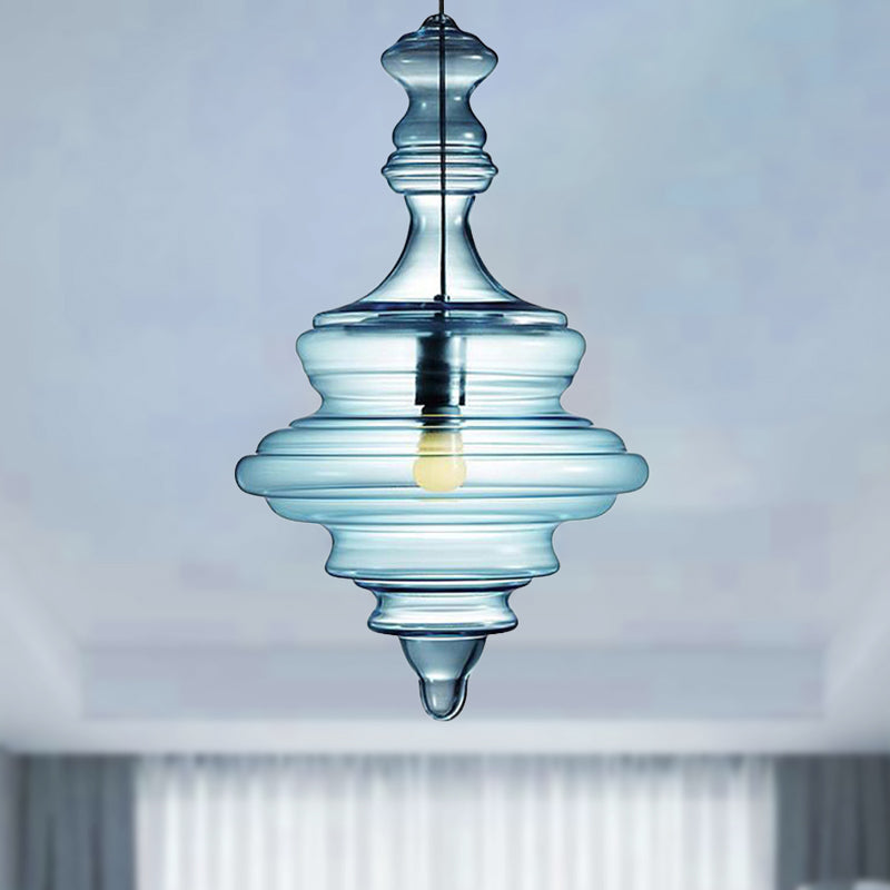 Contemporary Spool/Bell Pendant Light Clear/Blue Ruffle Glass 1 Light Bedroom Hanging Ceiling Light Clearhalo 'Ceiling Lights' 'Glass shade' 'Glass' 'Modern Pendants' 'Modern' 'Pendant Lights' 'Pendants' Lighting' 236459