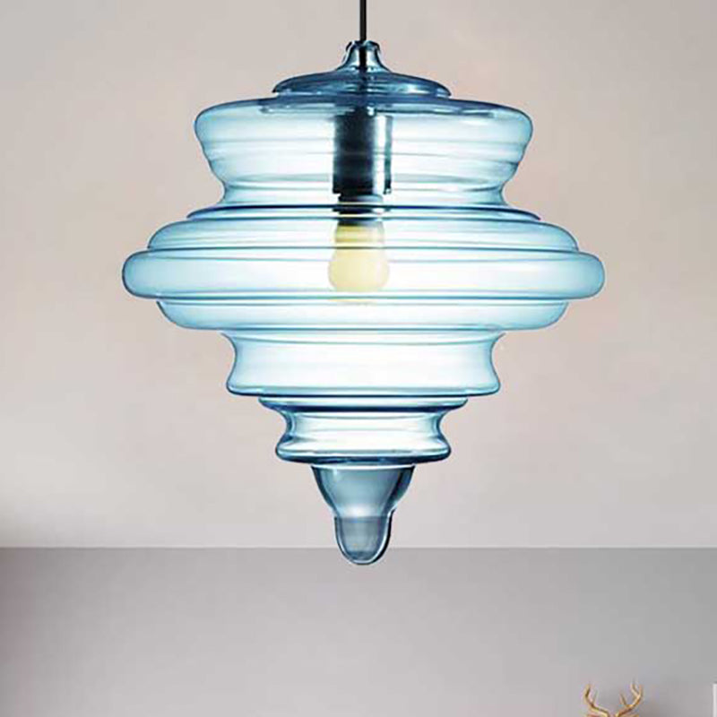 Contemporary Spool/Bell Pendant Light Clear/Blue Ruffle Glass 1 Light Bedroom Hanging Ceiling Light Clearhalo 'Ceiling Lights' 'Glass shade' 'Glass' 'Modern Pendants' 'Modern' 'Pendant Lights' 'Pendants' Lighting' 236460