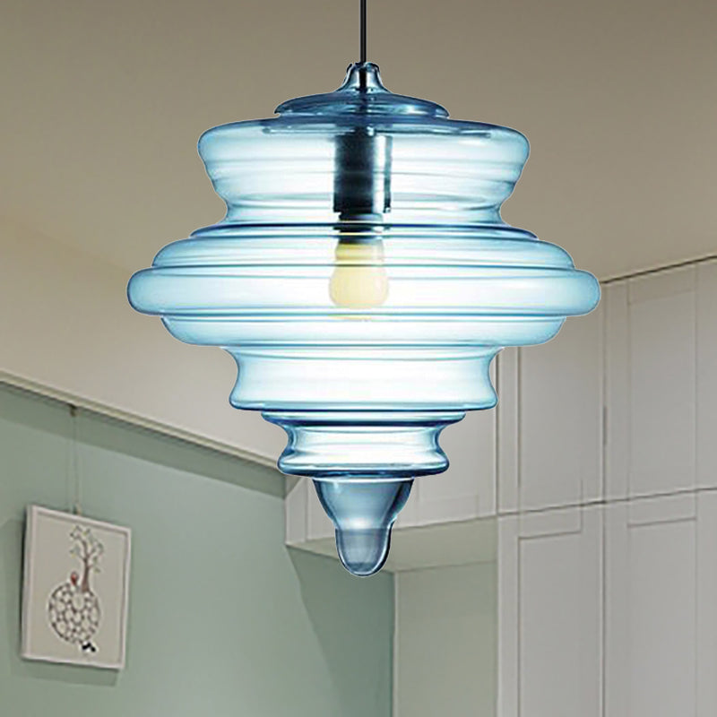 Contemporary Spool/Bell Pendant Light Clear/Blue Ruffle Glass 1 Light Bedroom Hanging Ceiling Light Clearhalo 'Ceiling Lights' 'Glass shade' 'Glass' 'Modern Pendants' 'Modern' 'Pendant Lights' 'Pendants' Lighting' 236461