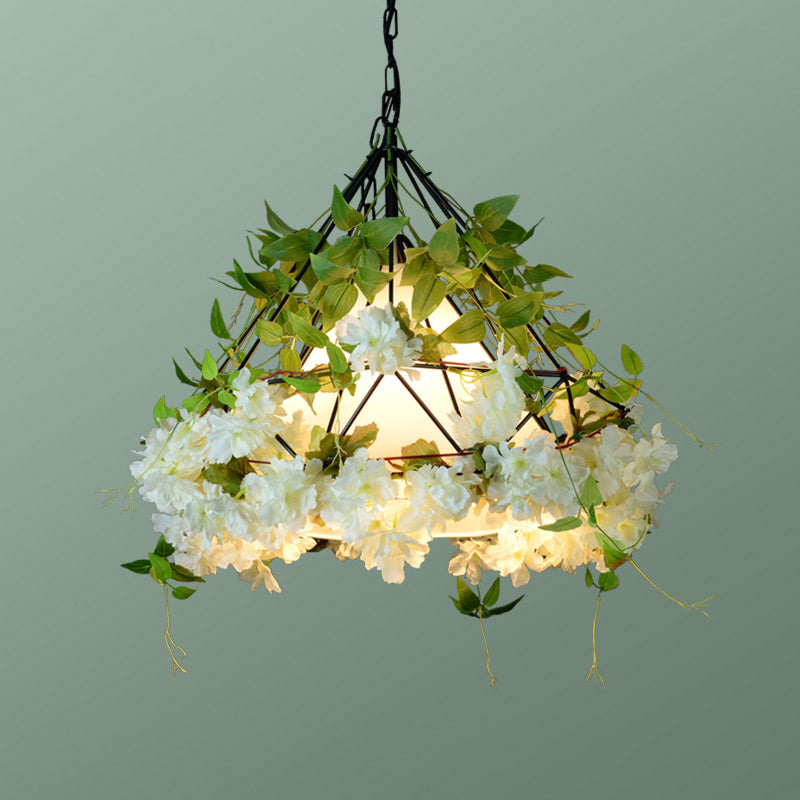 Single-Bulb Diamond Cage Hanging Light Kit Industrial Iron Ceiling Pendant with Decorative Plant White Clearhalo 'Art Deco Pendants' 'Cast Iron' 'Ceiling Lights' 'Ceramic' 'Crystal' 'Industrial Pendants' 'Industrial' 'Metal' 'Middle Century Pendants' 'Pendant Lights' 'Pendants' 'Tiffany' Lighting' 2364618