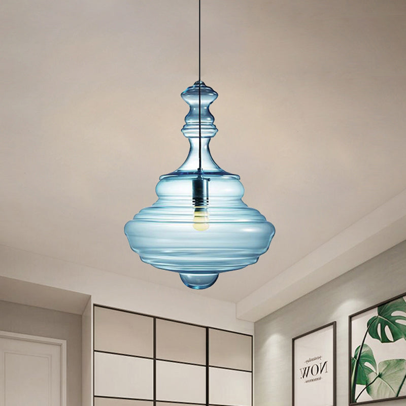 Contemporary Spool/Bell Pendant Light Clear/Blue Ruffle Glass 1 Light Bedroom Hanging Ceiling Light Clearhalo 'Ceiling Lights' 'Glass shade' 'Glass' 'Modern Pendants' 'Modern' 'Pendant Lights' 'Pendants' Lighting' 236462