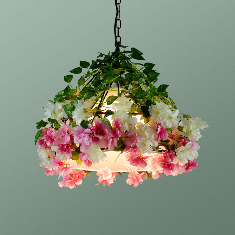 Single-Bulb Diamond Cage Hanging Light Kit Industrial Iron Ceiling Pendant with Decorative Plant Pink Clearhalo 'Art Deco Pendants' 'Cast Iron' 'Ceiling Lights' 'Ceramic' 'Crystal' 'Industrial Pendants' 'Industrial' 'Metal' 'Middle Century Pendants' 'Pendant Lights' 'Pendants' 'Tiffany' Lighting' 2364625