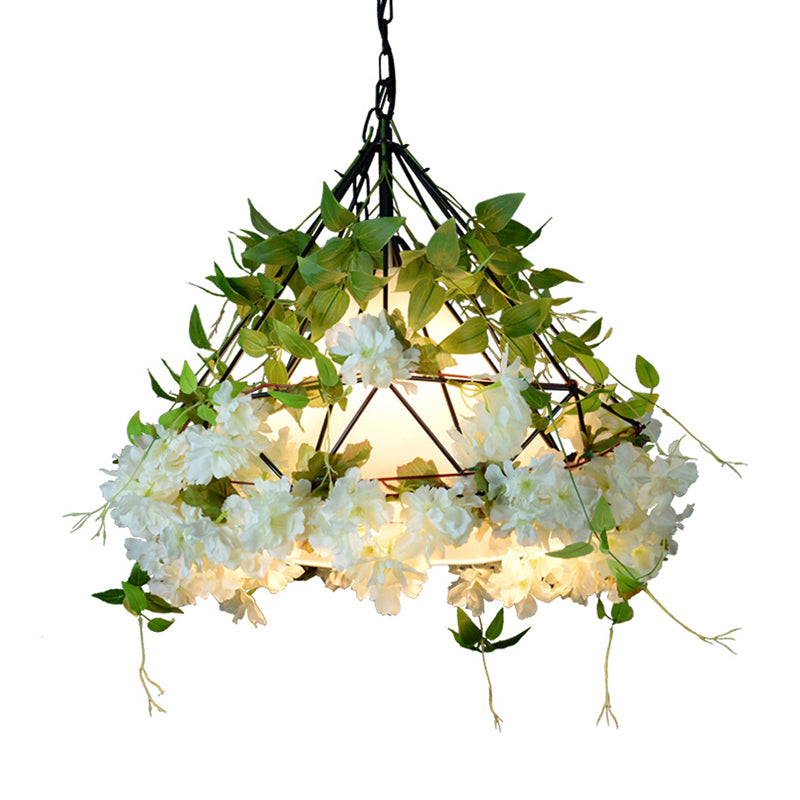 Single-Bulb Diamond Cage Hanging Light Kit Industrial Iron Ceiling Pendant with Decorative Plant Clearhalo 'Art Deco Pendants' 'Cast Iron' 'Ceiling Lights' 'Ceramic' 'Crystal' 'Industrial Pendants' 'Industrial' 'Metal' 'Middle Century Pendants' 'Pendant Lights' 'Pendants' 'Tiffany' Lighting' 2364626