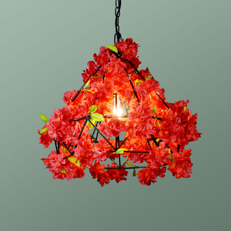 Single-Bulb Diamond Cage Hanging Light Kit Industrial Iron Ceiling Pendant with Decorative Plant Clearhalo 'Art Deco Pendants' 'Cast Iron' 'Ceiling Lights' 'Ceramic' 'Crystal' 'Industrial Pendants' 'Industrial' 'Metal' 'Middle Century Pendants' 'Pendant Lights' 'Pendants' 'Tiffany' Lighting' 2364627