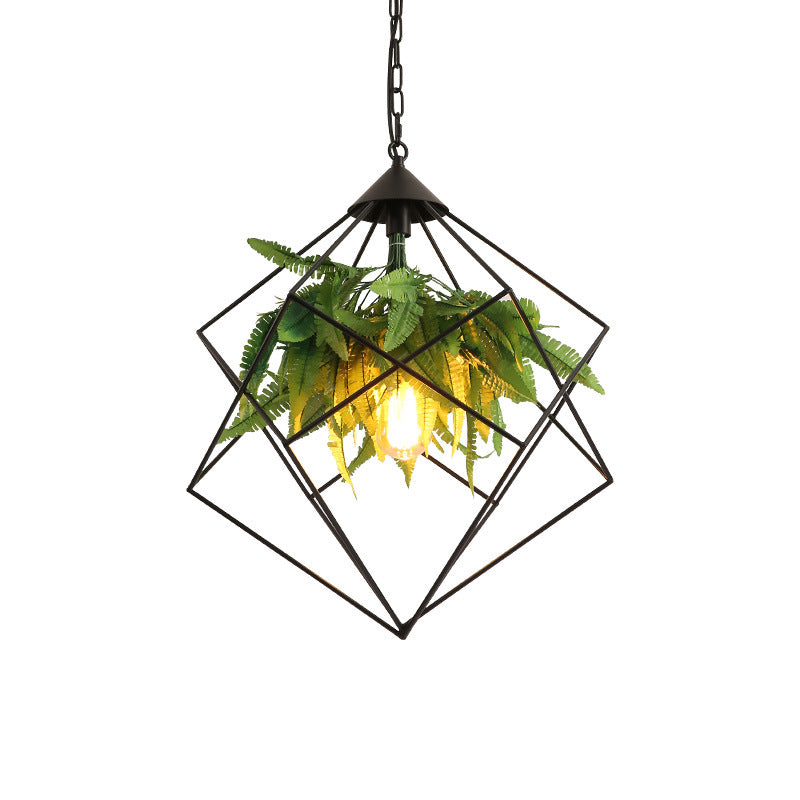 Metal Geometric Cage Drop Pendant Industrial 1 Bulb Restaurant Suspension Light with Faux Leaf Decor Clearhalo 'Art Deco Pendants' 'Cast Iron' 'Ceiling Lights' 'Ceramic' 'Crystal' 'Industrial Pendants' 'Industrial' 'Metal' 'Middle Century Pendants' 'Pendant Lights' 'Pendants' 'Tiffany' Lighting' 2364631