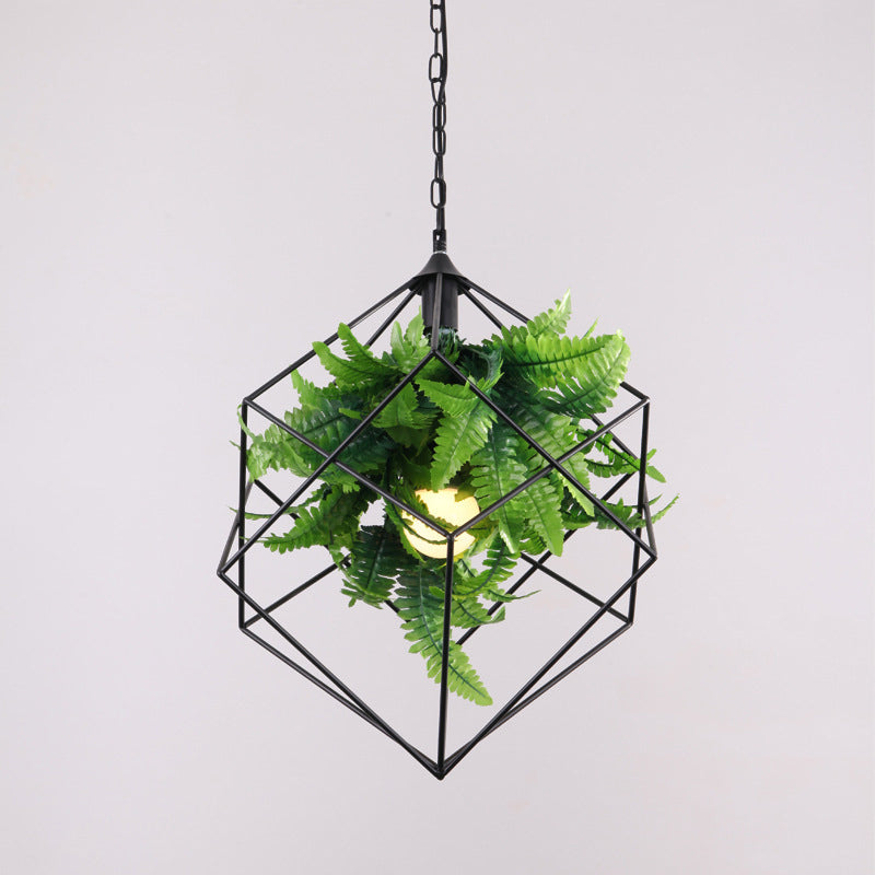 Metal Geometric Cage Drop Pendant Industrial 1 Bulb Restaurant Suspension Light with Faux Leaf Decor Clearhalo 'Art Deco Pendants' 'Cast Iron' 'Ceiling Lights' 'Ceramic' 'Crystal' 'Industrial Pendants' 'Industrial' 'Metal' 'Middle Century Pendants' 'Pendant Lights' 'Pendants' 'Tiffany' Lighting' 2364632