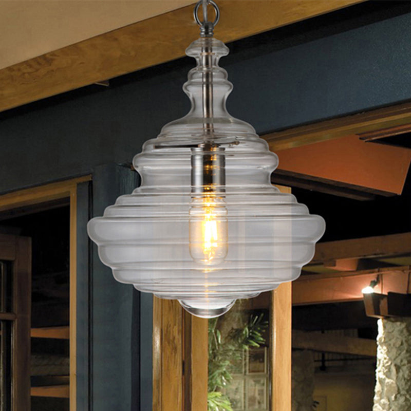 Contemporary Spool/Bell Pendant Light Clear/Blue Ruffle Glass 1 Light Bedroom Hanging Ceiling Light Clearhalo 'Ceiling Lights' 'Glass shade' 'Glass' 'Modern Pendants' 'Modern' 'Pendant Lights' 'Pendants' Lighting' 236466