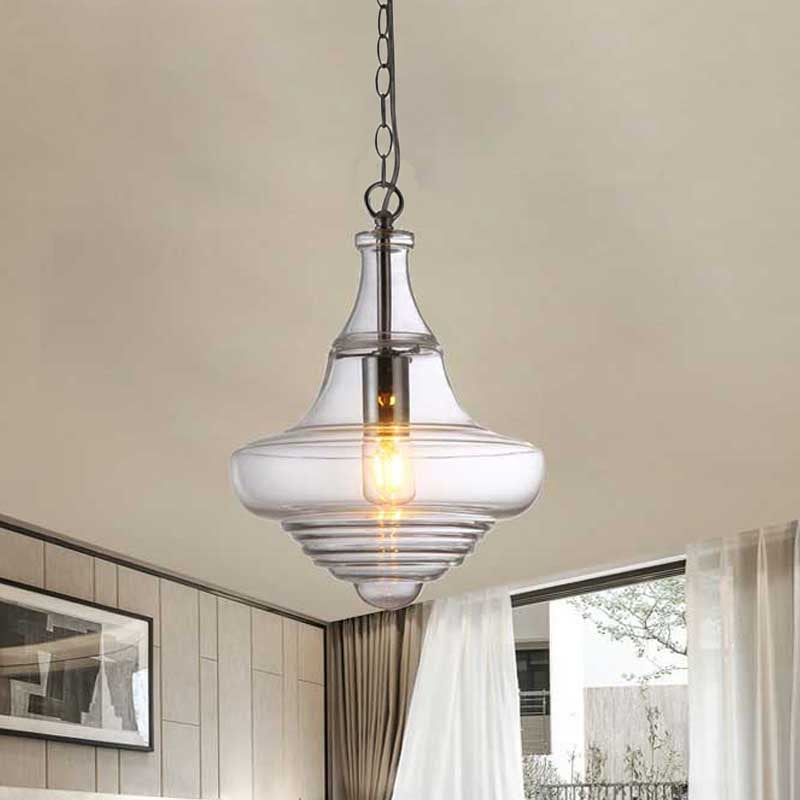 Contemporary Spool/Bell Pendant Light Clear/Blue Ruffle Glass 1 Light Bedroom Hanging Ceiling Light Clearhalo 'Ceiling Lights' 'Glass shade' 'Glass' 'Modern Pendants' 'Modern' 'Pendant Lights' 'Pendants' Lighting' 236468