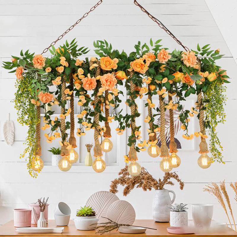 Hemp Rope Island Lighting Cottage Pink Flower and Vine Dining Room Pendant Light Clearhalo 'Ceiling Lights' 'Island Lights' Lighting' 2364706